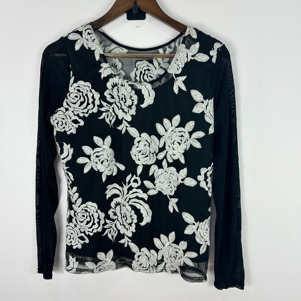 Sheer Mesh Floral Lace Top Medium Black Romantic Gothic Witchy Whimsigoth Fairy